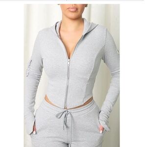 BAD SOCIETY CLUB Ella Gray Zip-Up Crop Hoodie with Logo Patch Size Large